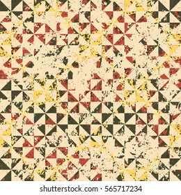 Small geometric abstract mosaic pattern with triangles and simple shapes in vintage colors for fall winter fashion. Abstract dynamic retro tiles background. Seamless simple grunge micro vector print