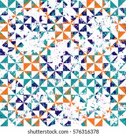 Small geometric abstract mosaic pattern with triangles and simple shapes in vintage colors for fall winter fashion. Abstract dynamic retro tiles background. Seamless simple grunge micro vector print