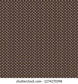 Small geometric elements arranged alternately on vertical strips. Pattern in brown and gold. Carpet texture. Vector illustration.