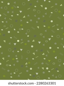 small geometric shapes pattern on vertical green background. Small vector texture with dots, circles, triangles, short strokes, in green color. seamless background.