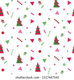 Small Geometry Green and Red Christmas Symbol decorated with Stars and Ornaments Surface Seamless Pattern on White Background. Cute Flat Vector Illustration.  