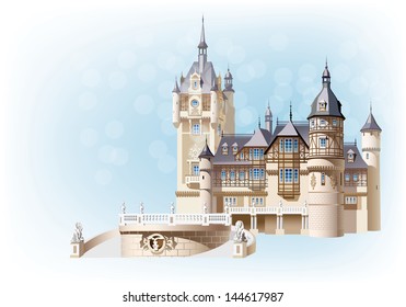 A small German castle on the colored background. Sfumato - on 2 separate layers