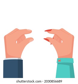 Kleine Geste. Handgeste. Kleine Hand. Mann und Frau zeigen mit ihren Fingern kleine Größe. Flaches Vektorgrafik-Design. Einzeln auf weißem Hintergrund.