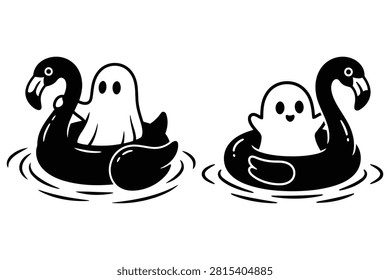 Small ghosts floating inside black flamingo pool floats on water in spirit