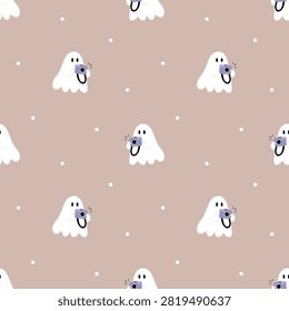 Small ghosts taking photos with purple cameras on a dusty pink seamless pattern, perfect for kids fabric, wrapping paper