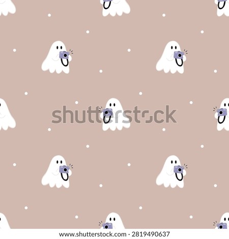 Small ghosts taking photos with purple cameras on a dusty pink seamless pattern, perfect for kids fabric, wrapping paper