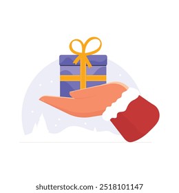 Small gift box in the hands of Santa Claus on red background, santa gives festive gift for the new year