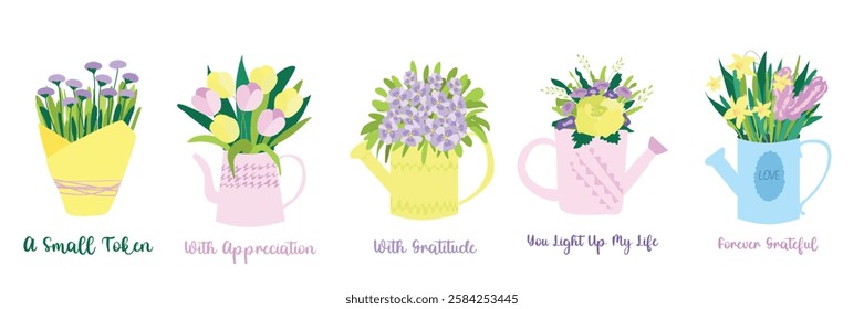 Small gift cards with adorable illustrations of flower bouquets and heartfelt messages such as "With Love". Perfect for Women's Day, Mother's Day, weddings and spring holidays. Isolated on white backg