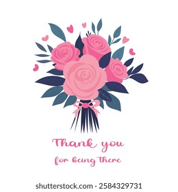 Small gift cards with adorable illustrations of rose flower bouquets and heartfelt messages like "With love, to you, thank you" Isolated on white background.