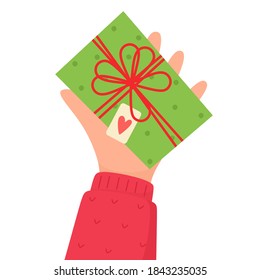 Un pequeño regalo en la palma de tu mano para un ser querido. Ilustración vectorial en estilo plano.