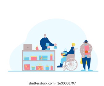 Small gift shop. Person in wheelchair byuing a presents for his family and going to pay with his credit card. Sale concept. Vector illustration.