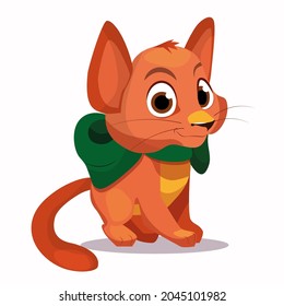 A small ginger kitten with a green bow on the neck. isolated vector image of orange cat on white background.