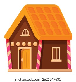 Small gingerbread fantasy house standing with striped candy canes decoration, traditional christmas sweet treat