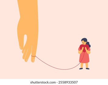 Small girl and adult connect by red thread. Unconditional love that binds the child and his parent. Balance of nurture and independence for kids. Family bonds. Vector illustration