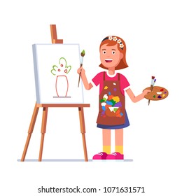 Small girl arts student kid painting flowers picture sketch on canvas standing on easel holding paintbrush and palette with paints. Flat style vector illustration isolated on white