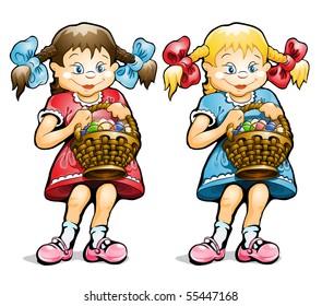small girl with basket of eggs vector illustration, isolated on white background