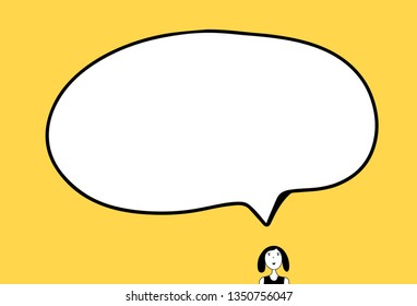 Small girl and big speech bubble hand drawn illustration in cartoon style minimalism