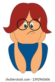 A small girl in a blue top  cropped hairstyle  hands resting on the chin and elbows on the surface  is wearing a pair of big spectacles and expresses sadness  vector  color drawing or illustration