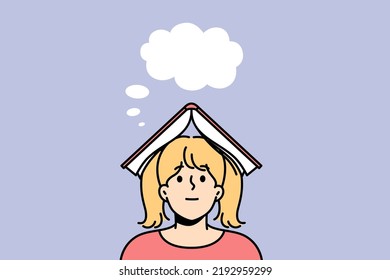 Small girl with book on head dreaming or fantasizing. Little child enjoy literature imagining or visualizing. Vector illustration. 