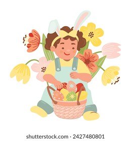 Small girl with bunny ears sits near basket of Easter eggs.Cute child surrounded by spring flowers.Cartoon print with baby and floral composition.Vector hand drawn illustration isolated on white.