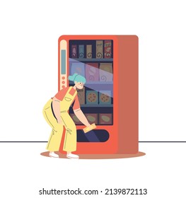 Small girl buying snack in vending machine in school cafeteria. Schoolgirl taking chocolate bar for lunch in dining room after classes. Cartoon flat vector illustration