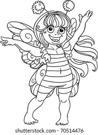 Small girl in carnival suit bee black outline for coloring