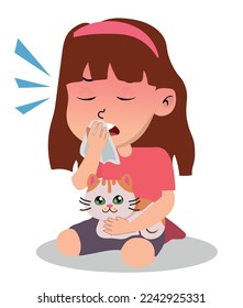 small girl with a cat suffers from allergies, sneezes from an allergic rhinitis.