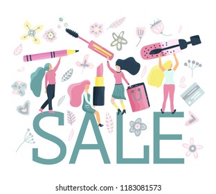 Small girl chacacters with cosmetics. Happy young woman vector beauty consept with flower decorations in flat style. Cosmetic sale consept.