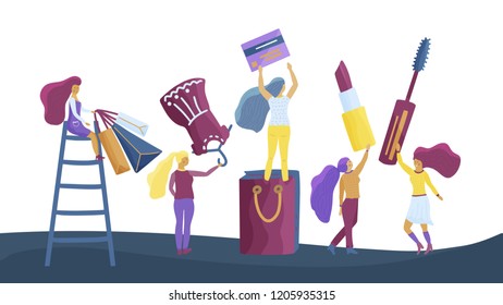 Small girl chacacters enjoy shopping in flat style. Young happy women shoppers. Vector card perfect for social media page cover.