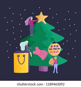 Small girl characters decorate Christmas tree and preparу for the Тew Нear. Flat style vector illustration.