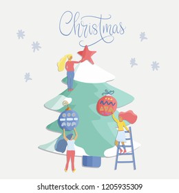 Small girl characters decorate Christmas tree. Flat style vector illustration with lettering. Greeting winter postcard.