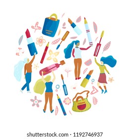 Small girl characters enjoy make up. Happy woman round vector concept with cosmetics in flat style.