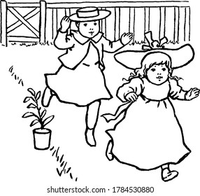 Ein kleines Mädchen jagt ein anderes kleines Mädchen auf einer Feldfarm und hat großen Spaß, Vintage-Linien-Zeichnen oder Gravuren-Illustration 
