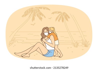 Small girl child hug young mom wear facemasks relax together on beach. Mother and little daughter in facial masks on summer vacation. Traveling during covid-19 pandemics. Vector illustration. 