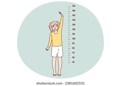 Small girl child show height standing near measuring tape on wall. Little kid growing showing how tall she is. Childhood aging concept. Vector illustration.