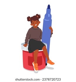 Small Girl, Clutching An Oversized Felt-tip Pen, Perches Atop A Giant Paint Tube, Her Imagination Poised To Create Colorful Wonders On A Blank Canvas Of Possibility. Cartoon People Vector Illustration