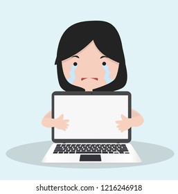 Small Girl cry with holding a laptop