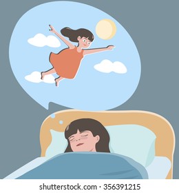 small girl dreaming about flight - cute cartoon illustration