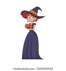 A small girl is dressed as a frightening witch and carrying a pumpkin. The Halloween theme is all about the fun and enjoyable things and activities that are related to Halloween.