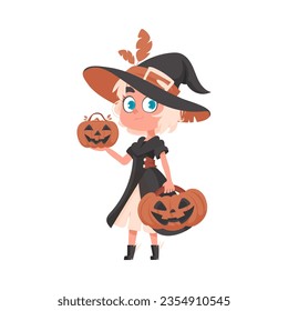 A small girl is dressed as a scary witch and she is holding a pumpkin. The Halloween theme is about having a good time and doing fun activities related to Halloween.