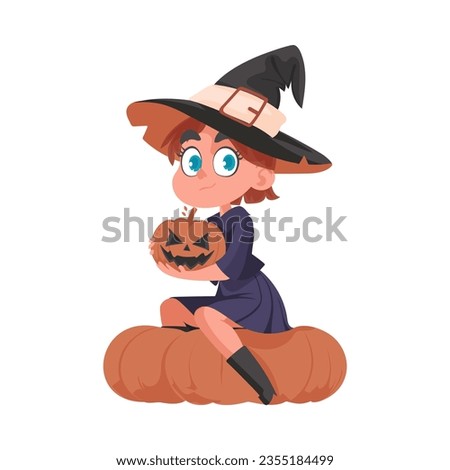 A small girl is dressed as a spooky witch and is carrying a pumpkin. The Halloween theme is about the stuff and fun things related to Halloween that make people happy and entertained.