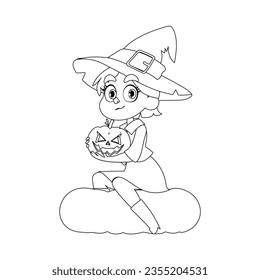 A small girl is dressed as a witch. She is really excited and can't wait for Halloween. She is holding a pumpkin.Linear style.