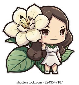A small girl with a flower on her shoulder.
