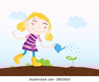 Small girl in Garden. Help our environment! Girl is watering plant. Vector Illustration.