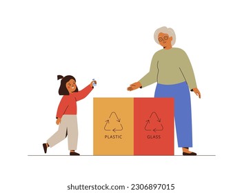 Niña pequeña y su abuela clasificando basura. Mujer mayor diciéndole a la colegiala cuán basura se separa. Los niños lanzan botellas plásticas al reciclaje pueden hacerlo. Concepto de educación ecológica. Ilustración del vector