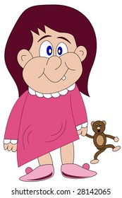 Small girl in her nightdress and slippers holding a teddy bear. Raster also available.