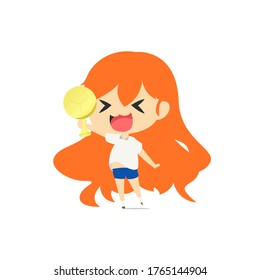 Small girl holding a trophy vector illustration isolated on white background. Chibi character illustration