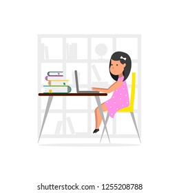 Small girl at home using a laptop computer. Online Education concept. 