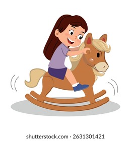 Uma menina alegremente cavalga um cavalo de madeira balançando em um estilo charmoso de desenho animado.