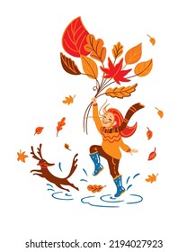 Kleines Mädchen, das mit diesem Hund über die Pfütze springt. Sonnige Spiele im Herbst. Hallo Herbst. Kinder-Illustration. 